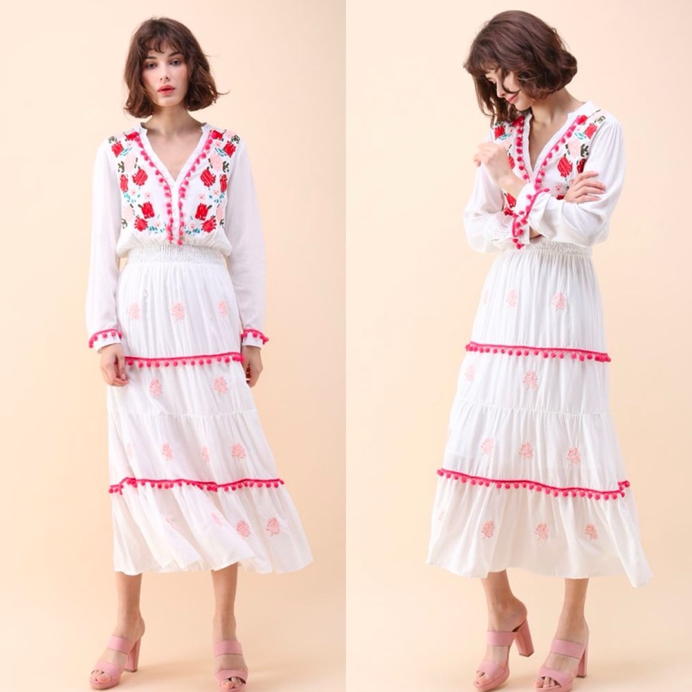 Chicwish White Maxi Dress with Red and Pink Embroidery